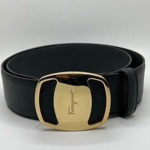 Authentic Vintage Ferragamo Black Embossed Leather Belt with Signed Gold Buckle